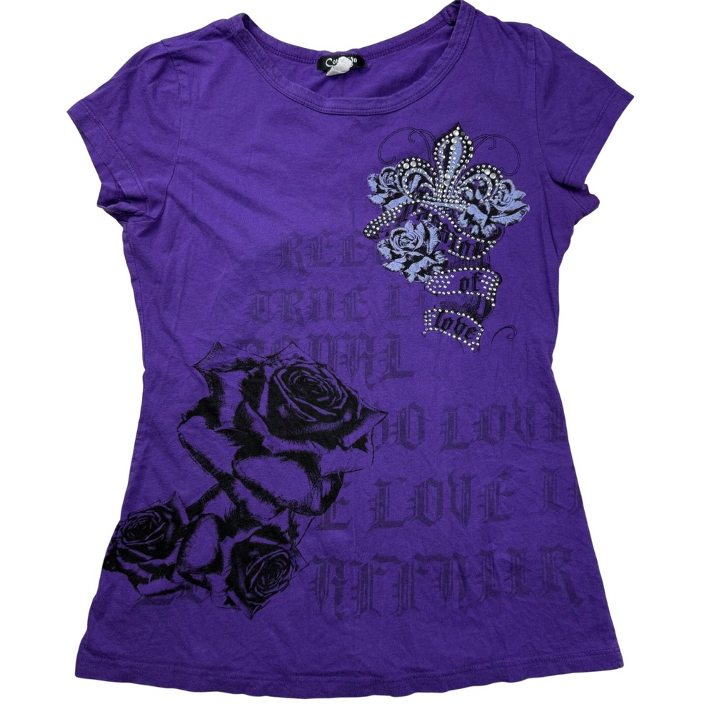 VTG Y2K CottyOn Purple T-Shirt Rhinestone Rose Fleur De Lis Goth Top Small